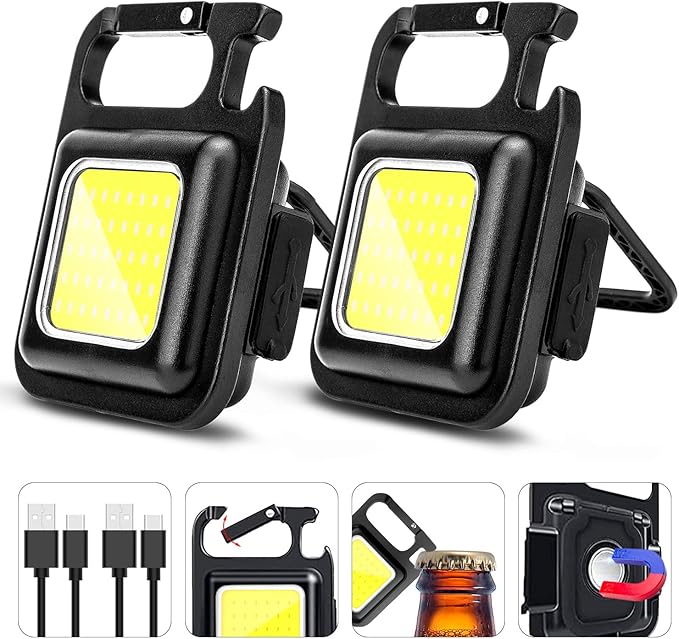 COB Work Light Keychain Flashlights 4 Modes 1600Lumen, MINI Emergency Lights with Folding Bracket Bottle Opener and Magnet Base,Camping and Walking, 2 pack,fast and free shipping.