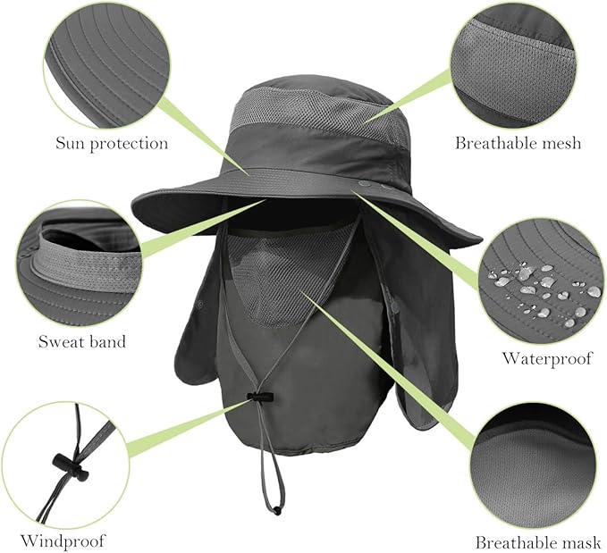 Men's Wide Brim Fishing Hat Outdoor UPF 50+ Sun Protection Removable Face and Neck Flap, fast and free shipping.