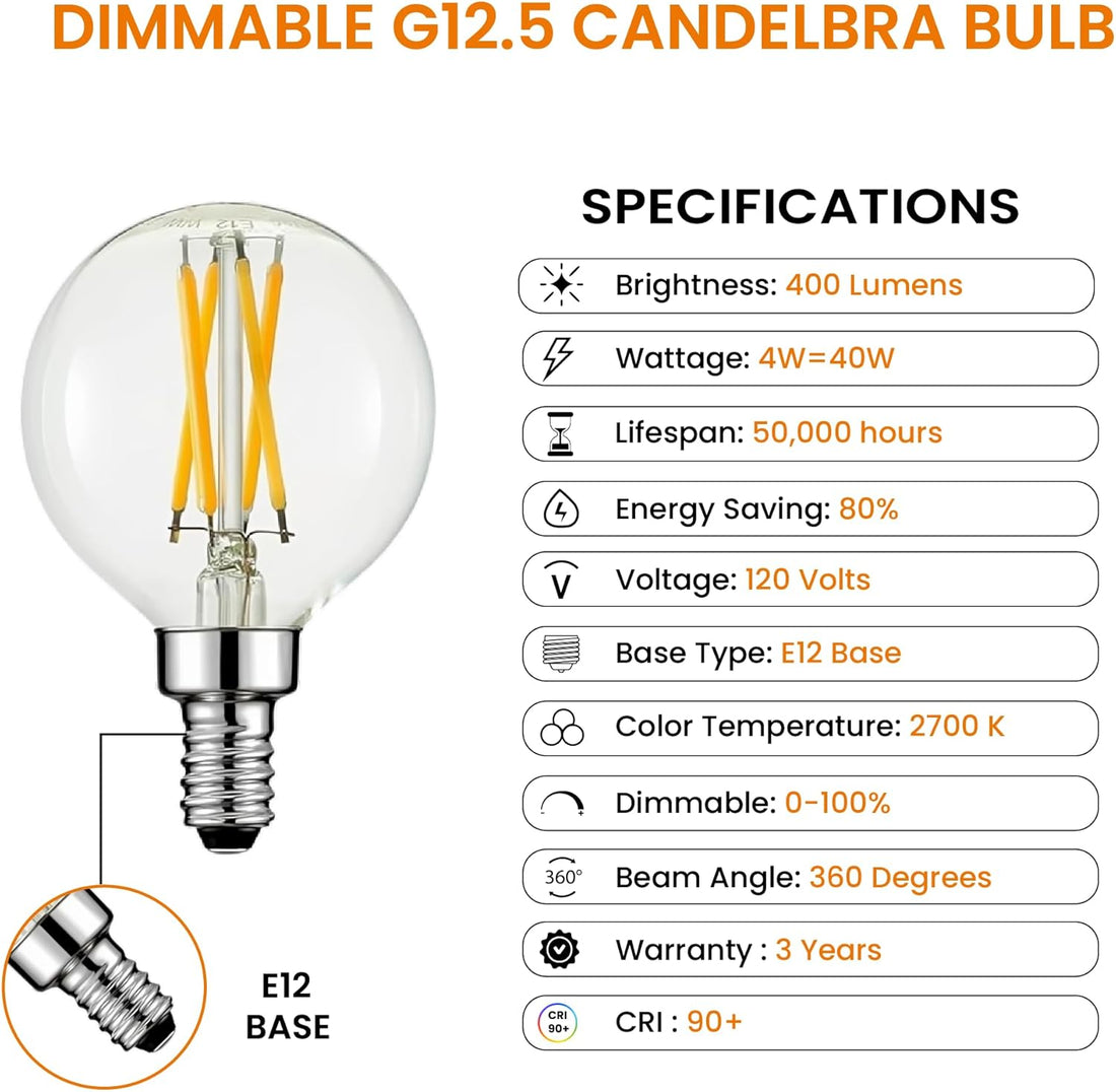 LED Filament Clear G12.5 Candelabra Base E12 3000K 40W 400LM CRI90 Dimmable - (6-Pack)