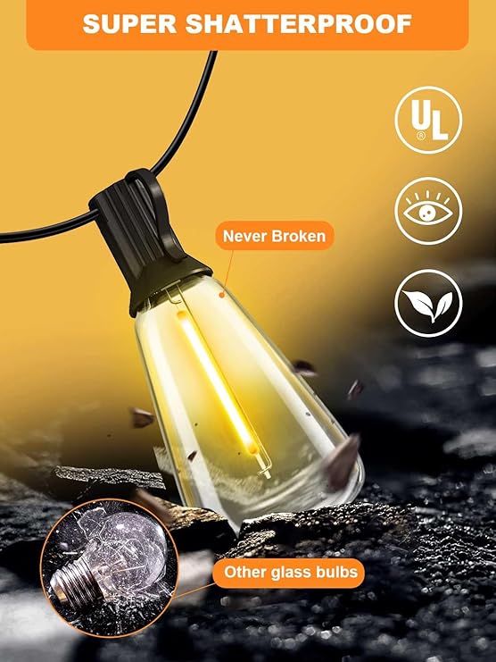 50FT Solar String Lights Outdoor Waterproof, Solar Patio Lights with 25+2 Dimmable ST38 Edison Bulbs Shatterproof,Solar Powered String Lights for Outside Garden Backyard,UL and ETL Certified,free and fast delivery.