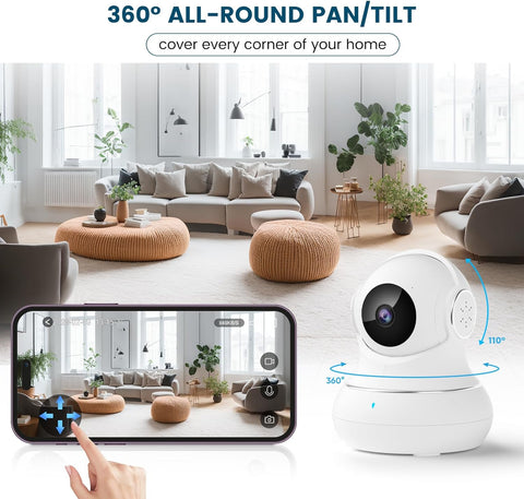 Littleelf Camera Surveillance Interieur, 2K Pet Cameras with Phone App for Dog/Baby Indoor Security Camera WiFi Baby Monitor with Motion & Sound Detection, 360° View Home Camera Works with Alexa