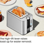 Cymak 2-Slice Pop-Up Stainless Steel Toaster w/ 7 Shade Settings, Extra Wide Slots for Toasting Bagels, Defrost/Reheat/Cancel Functions, Removable Crumb Tray, 850W, 120V, Silver