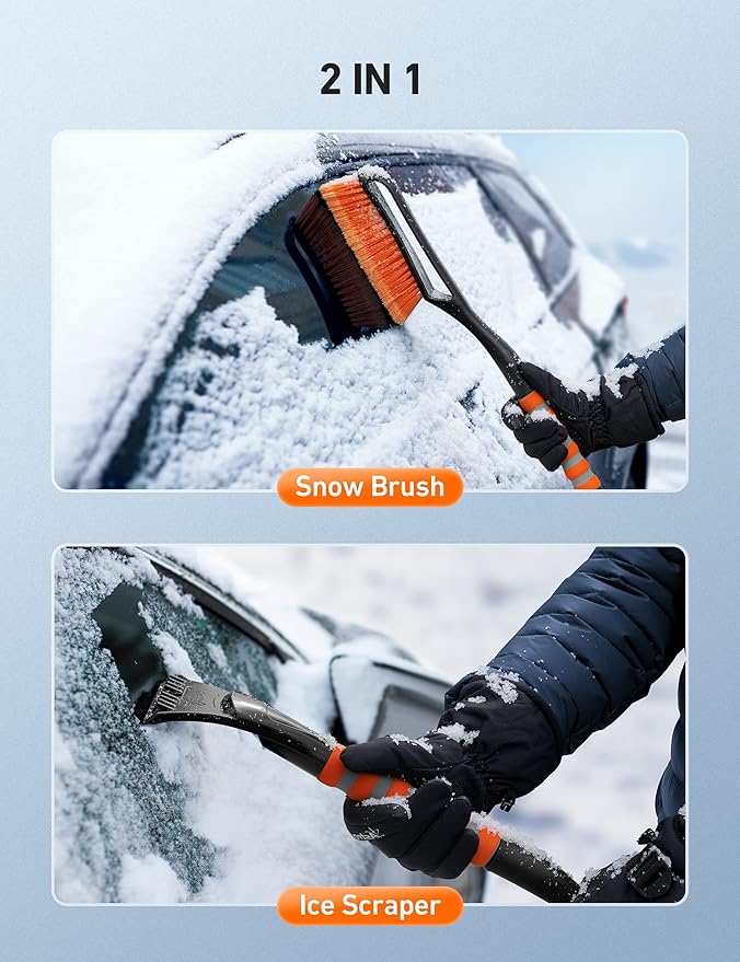 27" Snow Brush and Detachable Ice Scraper with Ergonomic Foam Grip for Cars, Trucks, SUVs (Heavy Duty ABS, PVC Brush, Orange),free and fast delivery