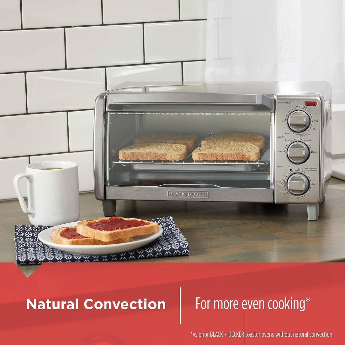 Natural Convection 4-Slice Toaster Oven, Stainless Steel, Bake, Broil, Toast, Keep Warm Cooking Functions