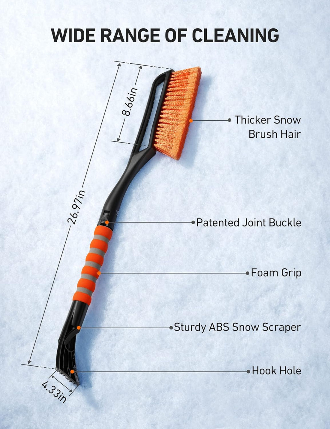 27" Snow Brush and Detachable Ice Scraper with Ergonomic Foam Grip for Cars, Trucks, SUVs (Heavy Duty ABS, PVC Brush, Orange),free and fast delivery