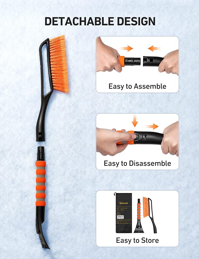 27" Snow Brush and Detachable Ice Scraper with Ergonomic Foam Grip for Cars, Trucks, SUVs (Heavy Duty ABS, PVC Brush, Orange),free and fast delivery