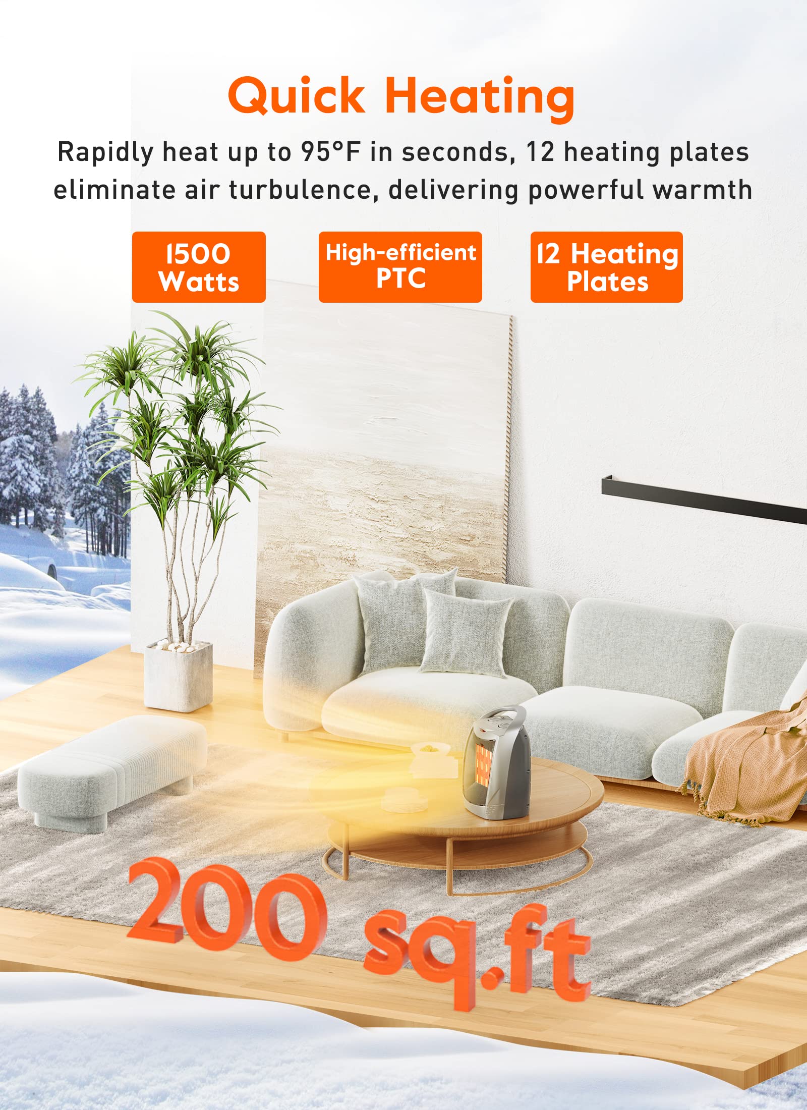 Portable Electric Space Heater with Thermostat, 1500W/750W Safe & Quiet Ceramic Heater Fan, Heat Up 200 sq. Ft for Office Room Desk Indoor Use