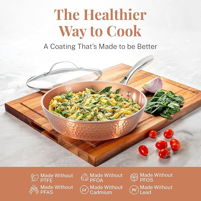 Gotham Steel 12” Nonstick Fry Pan with Lid – Hammered Copper Collection, Premium Aluminum Cookware with Stainless Steel Handles, Induction Plate for Even Heating, Dishwasher & Oven Safe, 12", Copper,free and fast shipping.