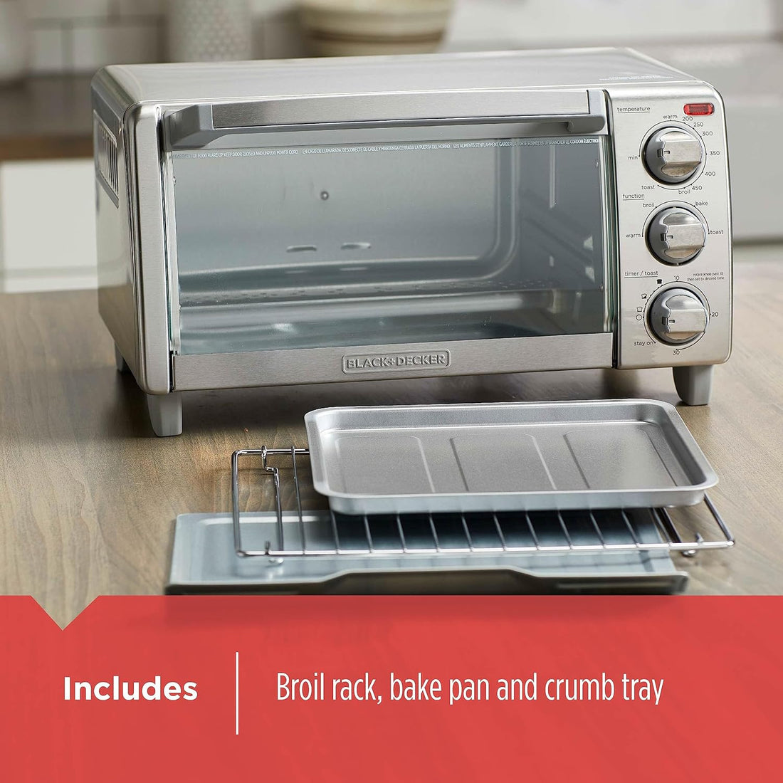 Natural Convection 4-Slice Toaster Oven, Stainless Steel, Bake, Broil, Toast, Keep Warm Cooking Functions