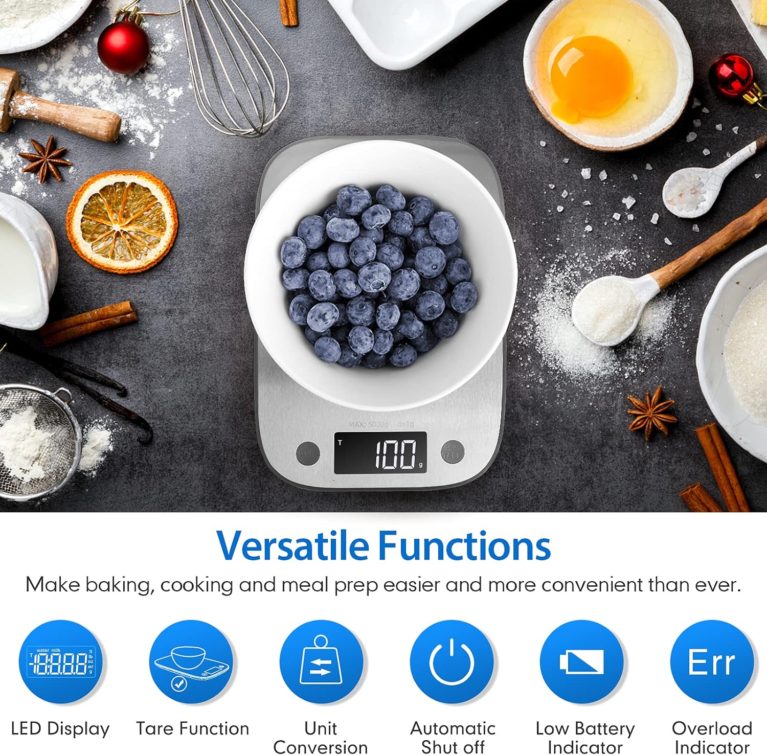 Digital Food Kitchen Scale, Measures in Grams and Ounces for Baking, Cooking, Weight Loss, 304 Stainless Steel, Silver