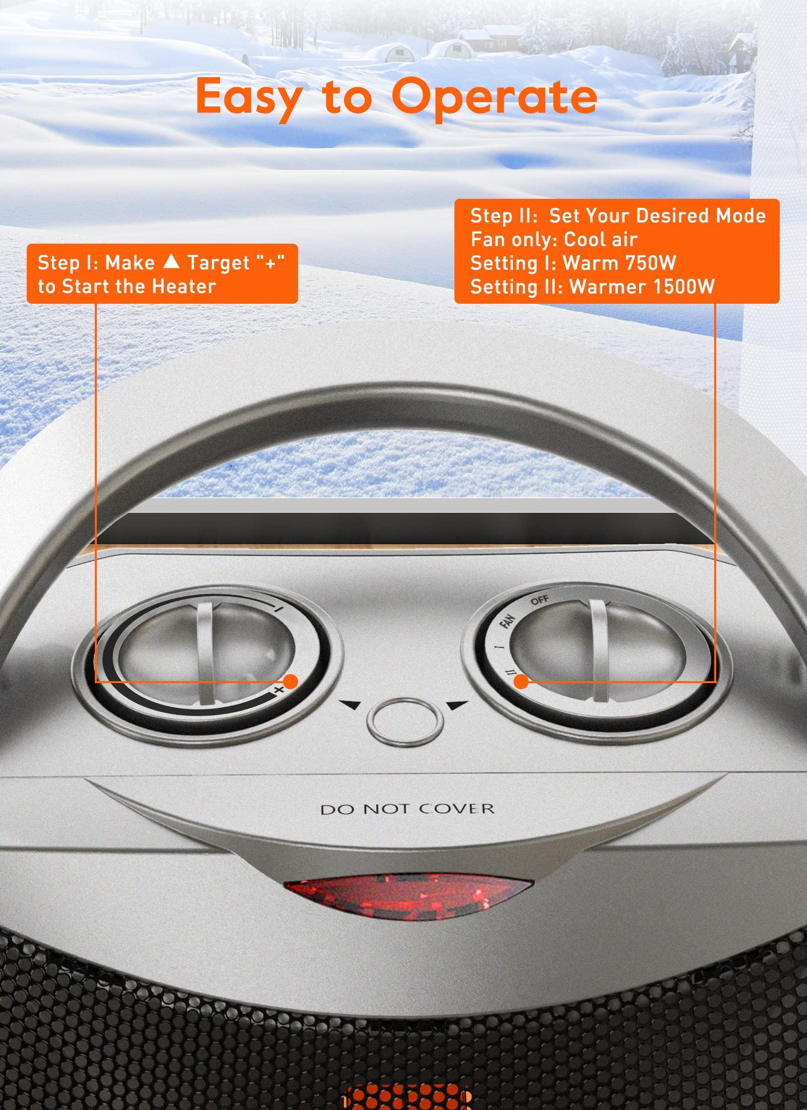 Portable Electric Space Heater with Thermostat, 1500W/750W Safe & Quiet Ceramic Heater Fan, Heat Up 200 sq. Ft for Office Room Desk Indoor Use