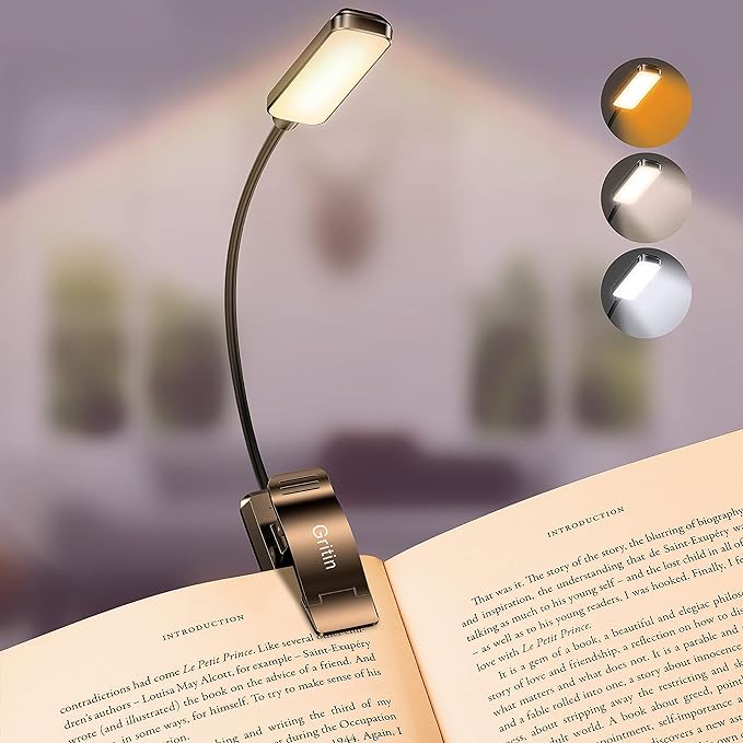 LED Rechargeable Book Light for Reading in Bed-Eye Caring 3 Color Temperatures,Stepless Dimming Brightness,80 Hrs Runtime Small Lightweight Clip on Book Light for Reading,Studying,Free and fast shipping.