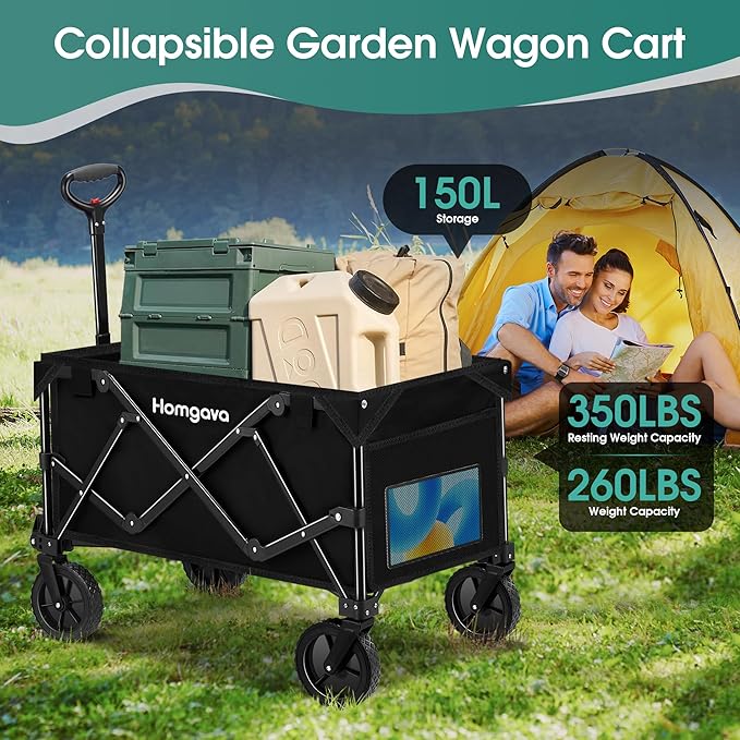 Collapsible Folding Wagon Cart 150L,Heavy Duty Garden Cart with All Terrain Wheels,Portable Large Capacity Utility Wagon Cart for Camping Fishing Sports Shopping,Black,fast and free delivery
