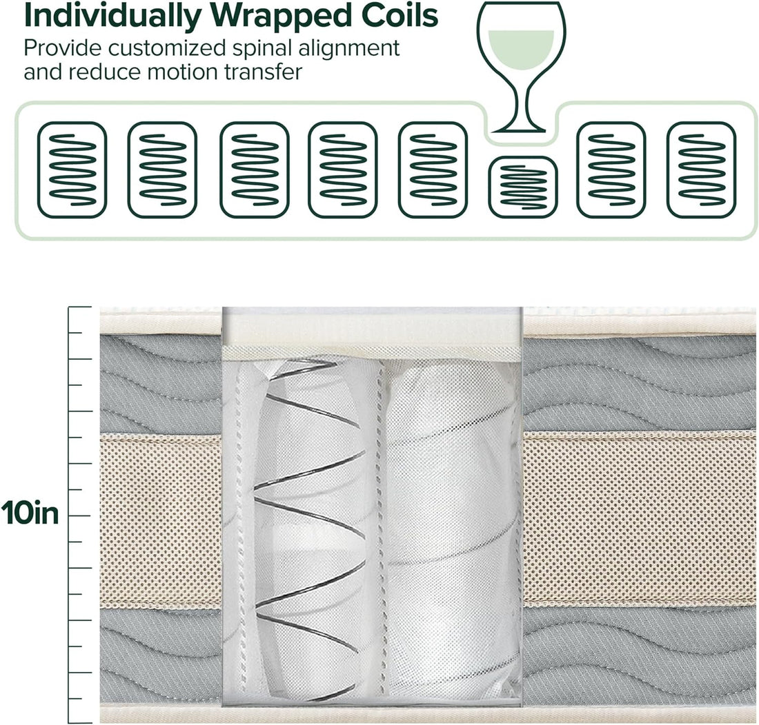 Mattress - Green Tea Cooling Gel Memory Foam Hybrid Mattress, Pocket Coil Springs for Motion Isolation, CertiPUR-US Certified Foam, Mattress in a Box, 10-Year Warranty