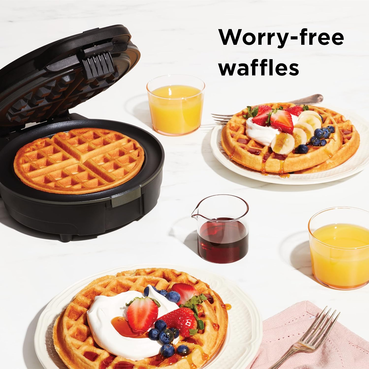 Anti-Overflow Belgian Waffle Maker w/Shade Selector, Temperature Control, Mess Free Moat, Round Nonstick Iron Plate, Cool Touch Handle, Measuring Cup Included, Black Stainless Steel