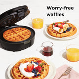Cymak Anti-Overflow Belgian Waffle Maker w/Shade Selector, Temperature Control, Mess Free Moat, Round Nonstick Iron Plate, Cool Touch Handle, Measuring Cup Included, Black Stainless Steel
