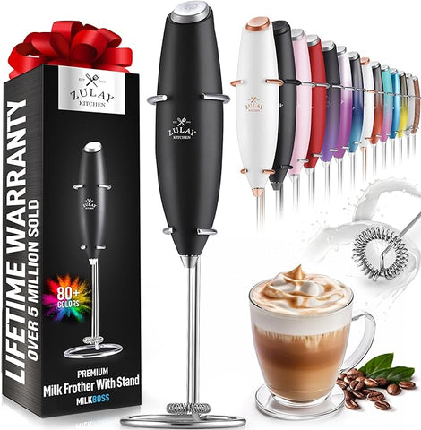 Zulay Powerful Milk Frother Handheld Foam Maker for Lattes - Whisk Drink Mixer for Coffee, Mini Foamer for Cappuccino, Frappe, Matcha, Hot Chocolate by Milk Boss (Black).Free and fast shipment one week.