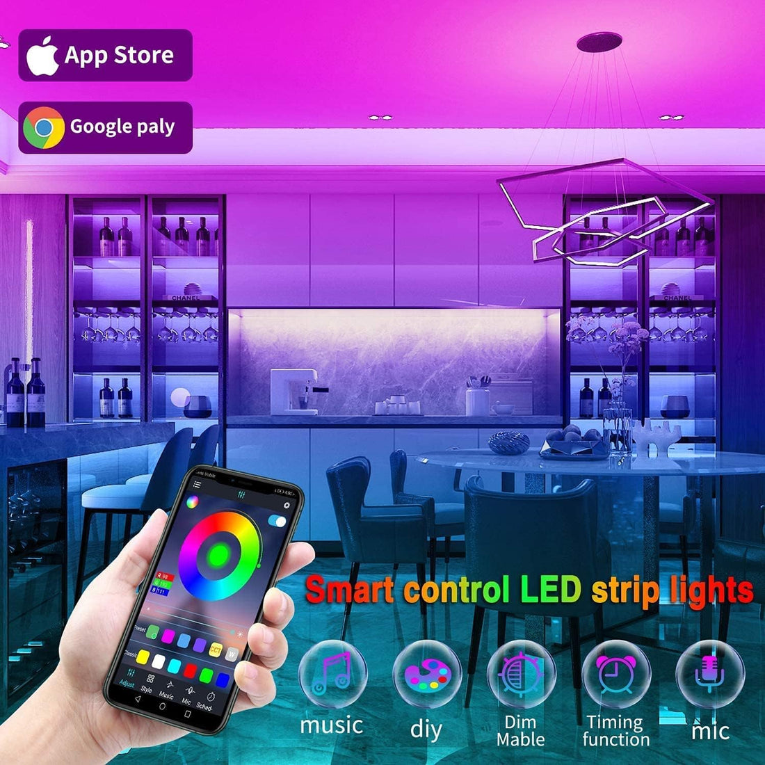 Led Lights for Bedroom 100ft(2 Rolls of 50ft) Smart Music Sync Color Changing LED Strip Lights with App and Remote Control RGB LED Strip, LED Lights for Room Home Party Decoration