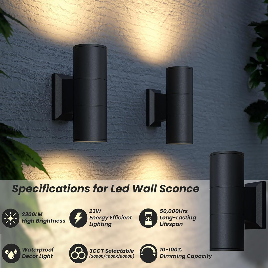 Strak Wall Sconce Light, 7-Inch Cylinder Up and Down Black Light, Modern Sconces Wall Lighting Matte Black Light Fixture, 3CCT (3000K/4000K/5000K) Selectable, Waterproof Wall Decor Light (Pack of 1)