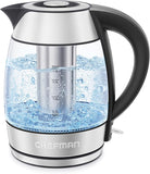 Chefman Electric Kettle 1.8L, 1500W Fast Boiling Water Heater, Auto Shutoff, Boil Dry Protection & Cordless Pouring, BPA Free, Removable Tea Infuser, Borosilicate Glass, Stainless Steel. Free shipping,fast delivery.