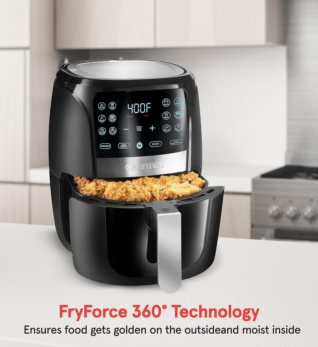 Gourmia Air Fryer Oven Digital Display 5 Quart Large AirFryer Cooker 12 Touch Cooking Presets, XL Air Fryer Basket 1500w Power Multifunction Stainless Steel FRY FORCE 360° (5 QT)