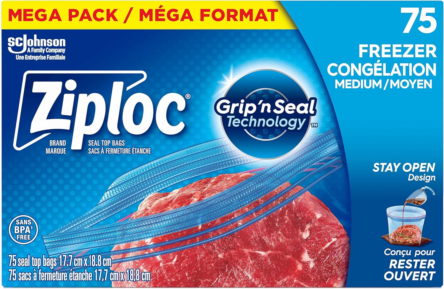 Ziploc Medium Food Storage Freezer Bags, Grip 'n Seal Technology for Easier Grip, Open and Close, 75 Count