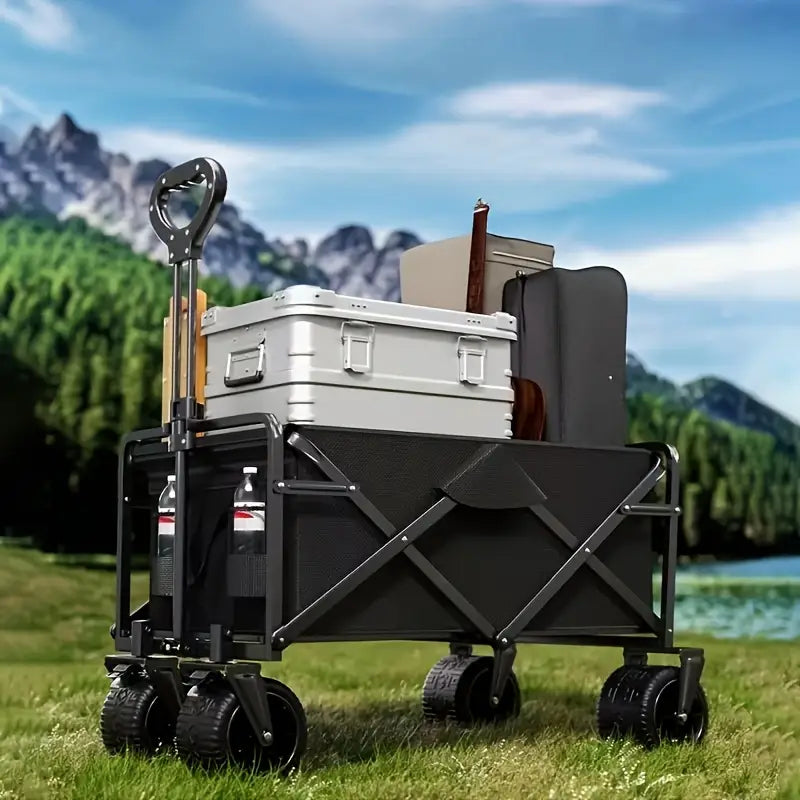 Heavy-Duty Metal & Plastic 4-Wheel Garden Cart with Side Pockets - Foldable Design, No Assembly Required, All-Terrain Utility Wagon for Lawn Care, Gardening, Camping & Outdoor Use -Durable Yard Work Cart, No Assembly Needed, Free shipping in three weeks.
