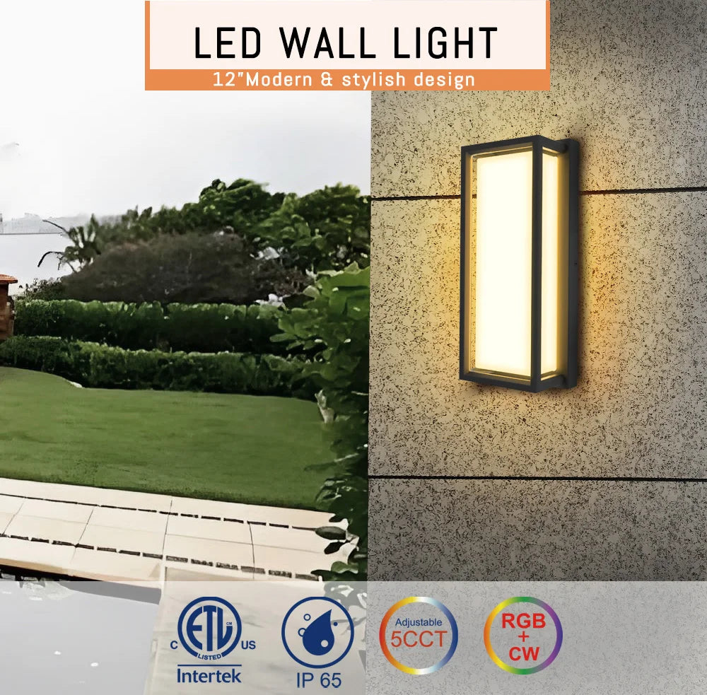 Pack of two,12Inch Lantern Wall Light Modern Outdoor Porch Patio Fixture Exterior LED Rectangle Sconce 5CCT IP65 Anti-UV PC Photocell Senso.ETL Certified,.Free Shipping delivery 45 days.