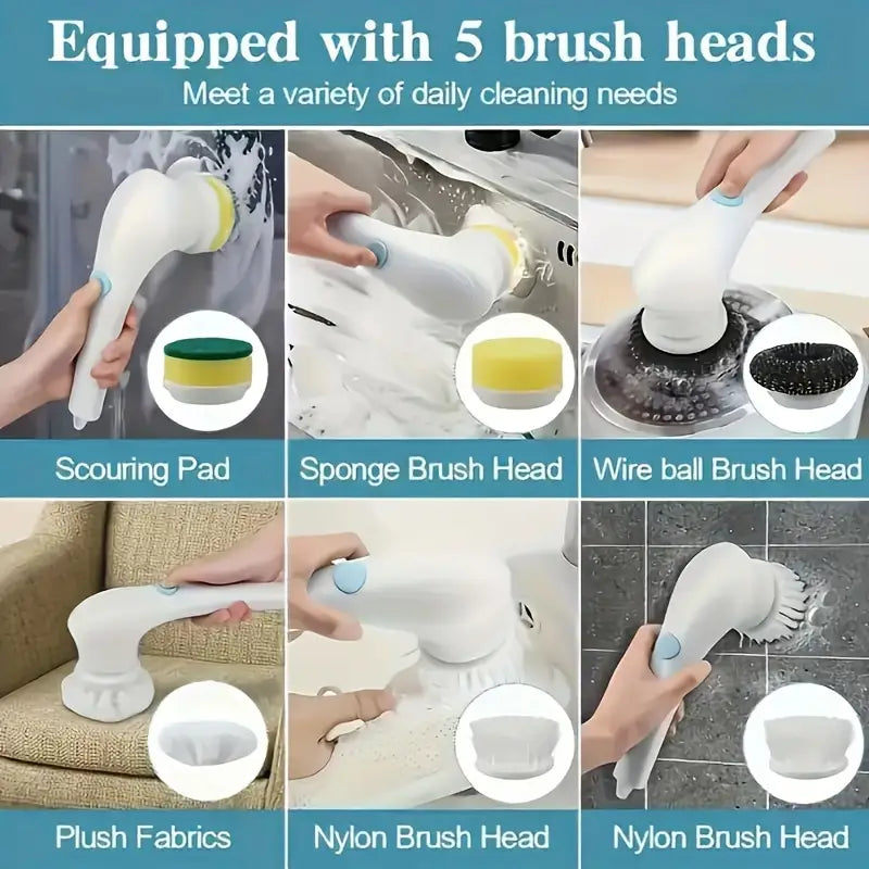 5-Head Rechargeable Electric Cleaning Brush Set with USB Charging, Versatile Handheld Scrubber for Bathroom, Kitchen, Bedroom, Living Room, Toilet Cleaning Tool Kit.Limited time Free  shipping,delivery two weeks.