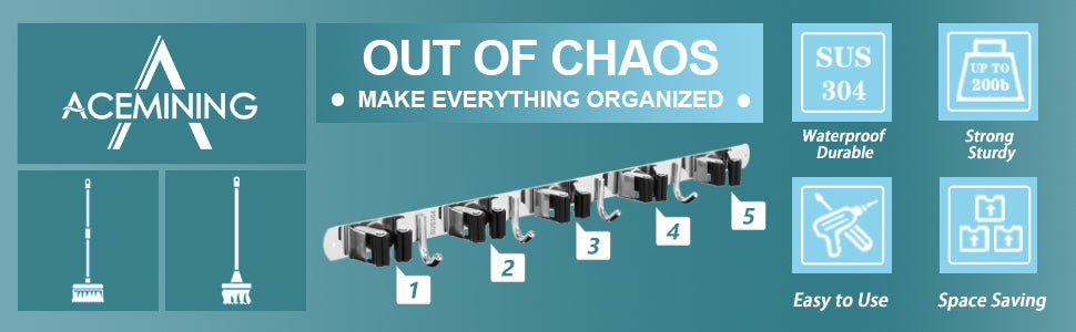 5 Racks and 4 Hooks Mop and Broom Holder Wall Mount, Broom Organizer Storage Tool Racks Stainless Steel Heavy Duty Hooks Self Adhesive Solid Non-slip for Home Kitchen Garden Laundry Garage, free and fast delivery.