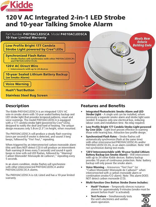 Sold and shipped by Strak. Integrated 120 V AC wire-in smoke alarm with 10-year sealed battery backup. Free shipping,fast delivery.
