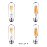 LED 60W Equivalent Clear Filament 2700K/3000k (warm white) T10 Edison Base E26 450LM CRI90 Dimmable LED Light Bulb (4-Pack)