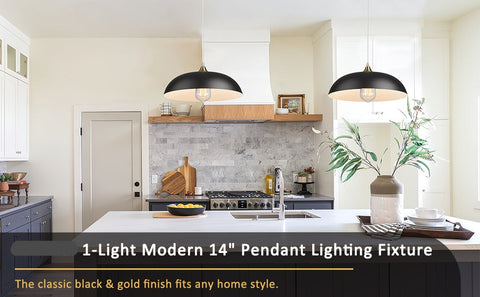 Industrial Pendant Lighting 14", 2-Pack Modern Hanging Light Fixtures with Metal Dome Shade, Black and Gold Finish, 1901M-2 BG/BK, FREE SHIPPING, CERTIFICATION ETL.