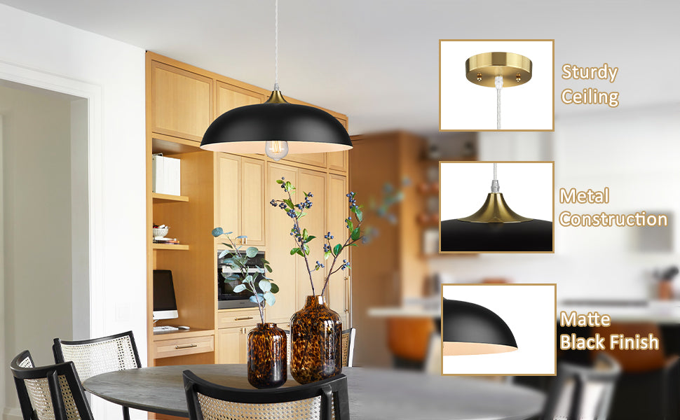Industrial Pendant Lighting 14", 2-Pack Modern Hanging Light Fixtures with Metal Dome Shade, Black and Gold Finish, 1901M-2 BG/BK, FREE SHIPPING, CERTIFICATION ETL.