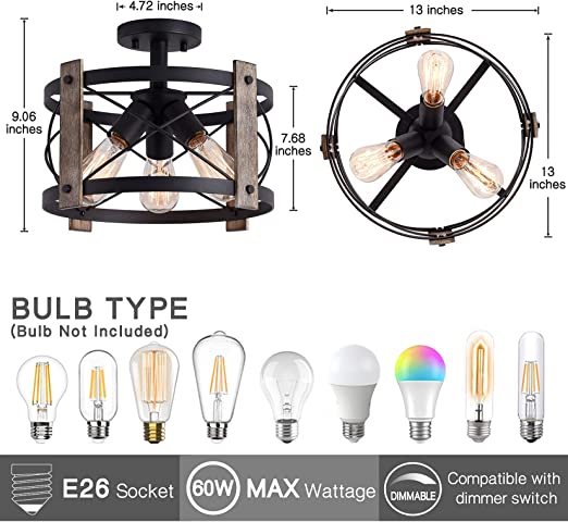 Flush Mount Light Fixture,13-inch Rustic Ceiling Light Fixture,Matte Black Finish,3-Light Farmhouse Light Fixtures for Living Room,Kitchen,Bedroom,Dining Room,Foyer,Hallway,Ceiling. Certification UL.Free shipping to Canada.limited time deal.