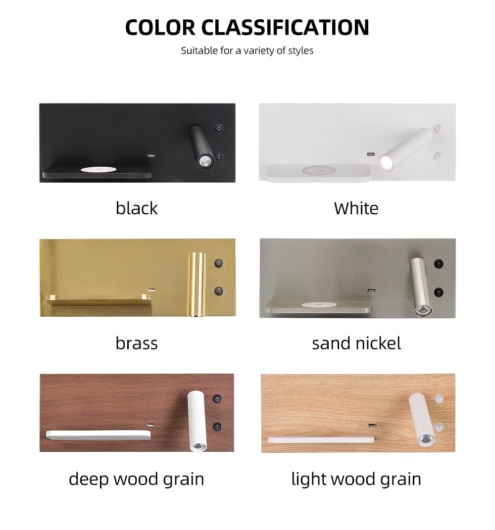 Wall Light Bedroom Lamp with Switch Led Phone Wireless Charger Shelf Headboard Bedroom Read Modern Loft Room Usb Luminaire Wood Ul