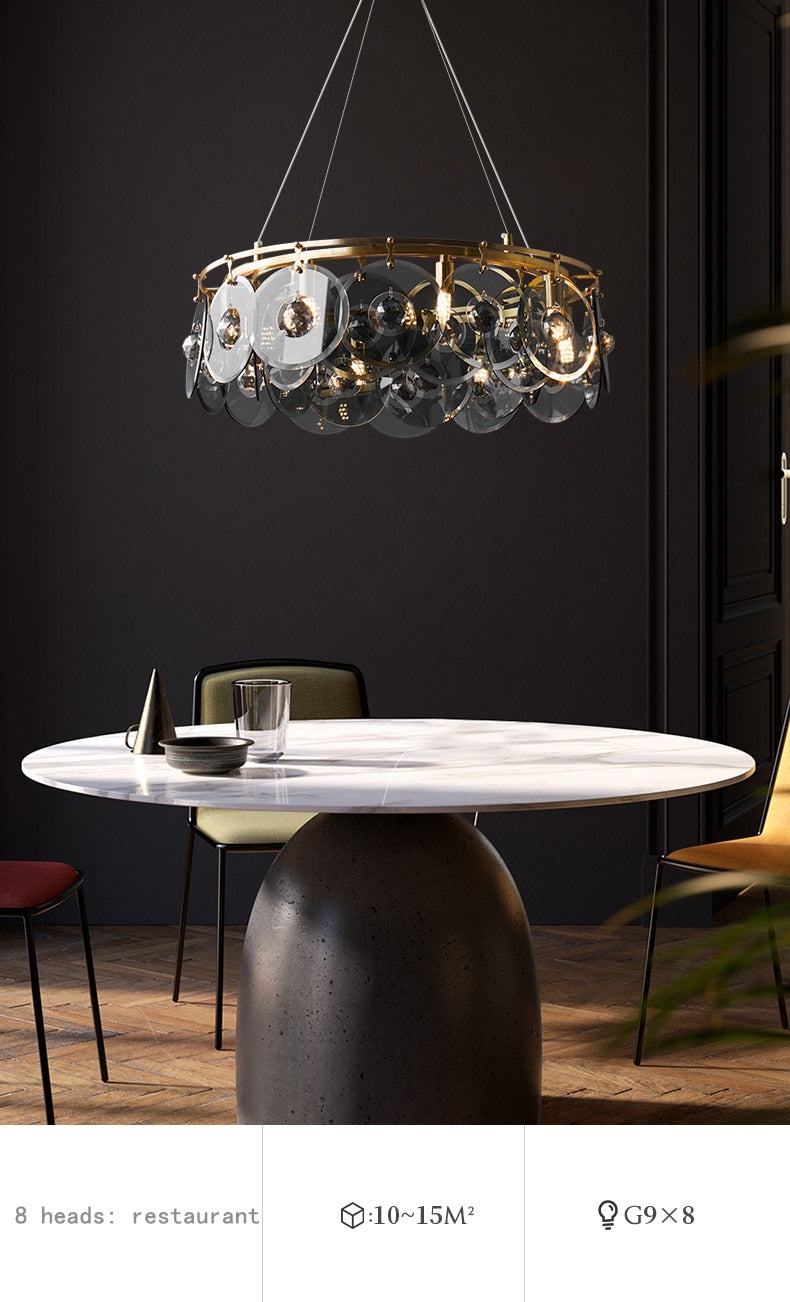 Round Pendant Lamp Black Glass Copper Lighting Crystal Chandelier Villa Hall Led Dining Room