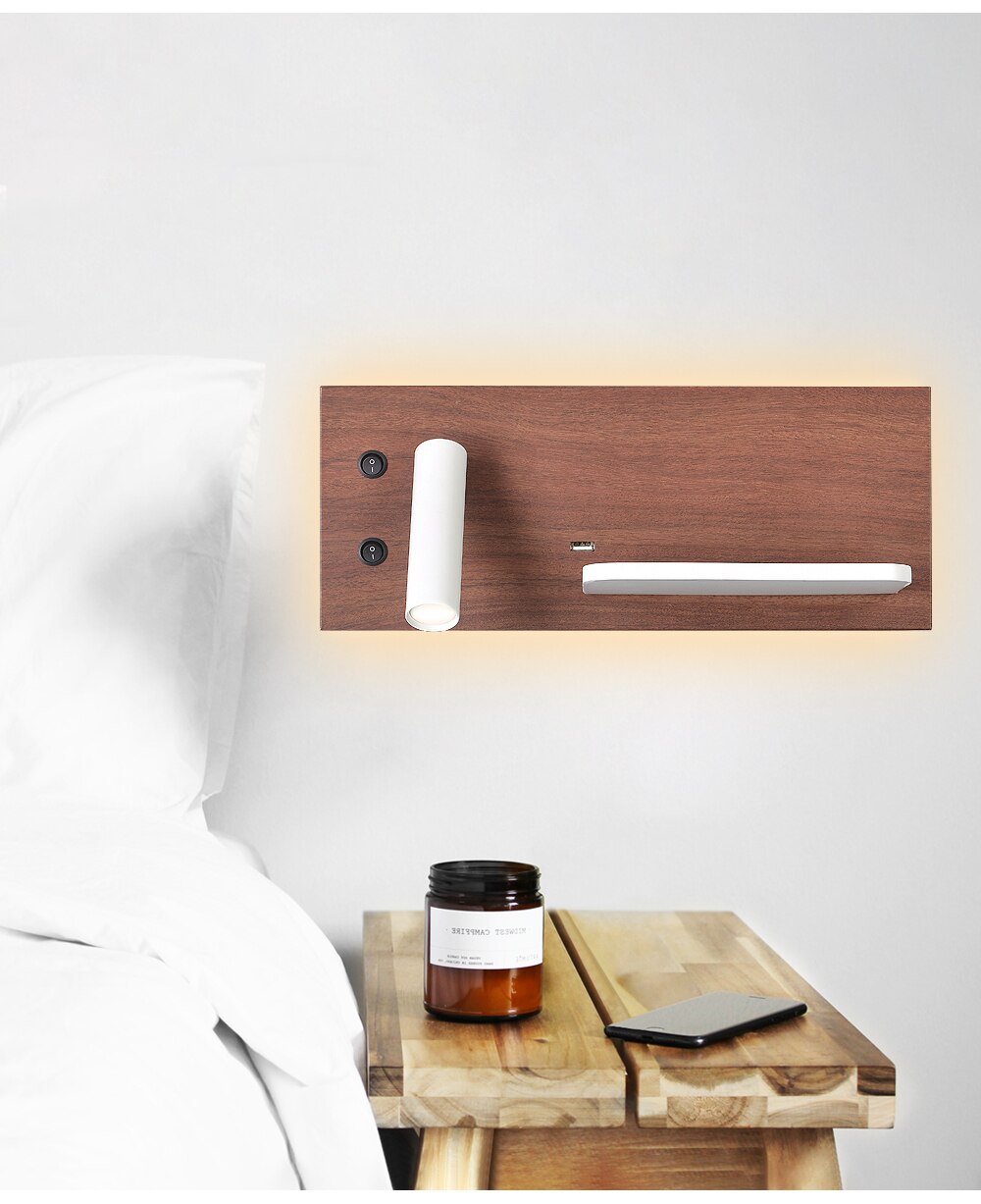 Wall Light Bedroom Lamp with Switch Led Phone Wireless Charger Shelf Headboard Bedroom Read Modern Loft Room Usb Luminaire Wood Ul