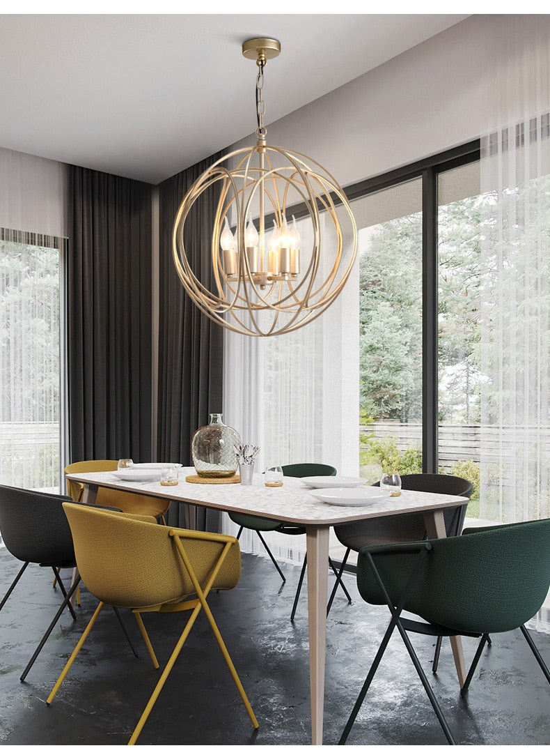 STRAK American Spherical Restaurant Chandelier Golden Wrought Iron Porch Corridor Light Fixture for Kitchen Island Dining Room Hallway Entryway
