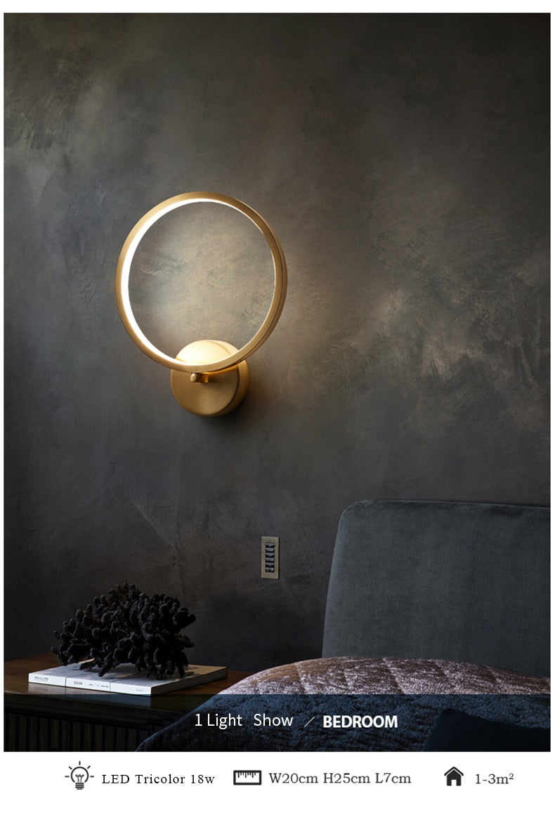 Nordic Wall Lamp Round Copper LED Indoor LED Bedside Sconce Light Decor Wall Light For Bedroom Living Room Loft Stair Lamp UL