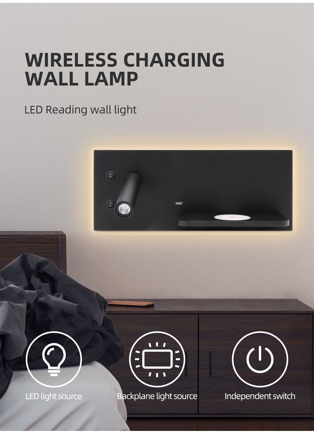 Wall Light Bedroom Lamp with Switch Led Phone Wireless Charger Shelf Headboard Bedroom Read Modern Loft Room Usb Luminaire Wood Ul