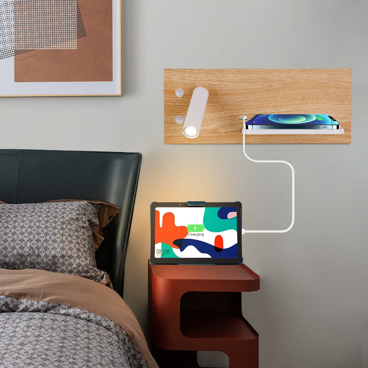 Wall Light Bedroom Lamp with Switch Led Phone Wireless Charger Shelf Headboard Bedroom Read Modern Loft Room Usb Luminaire Wood Ul