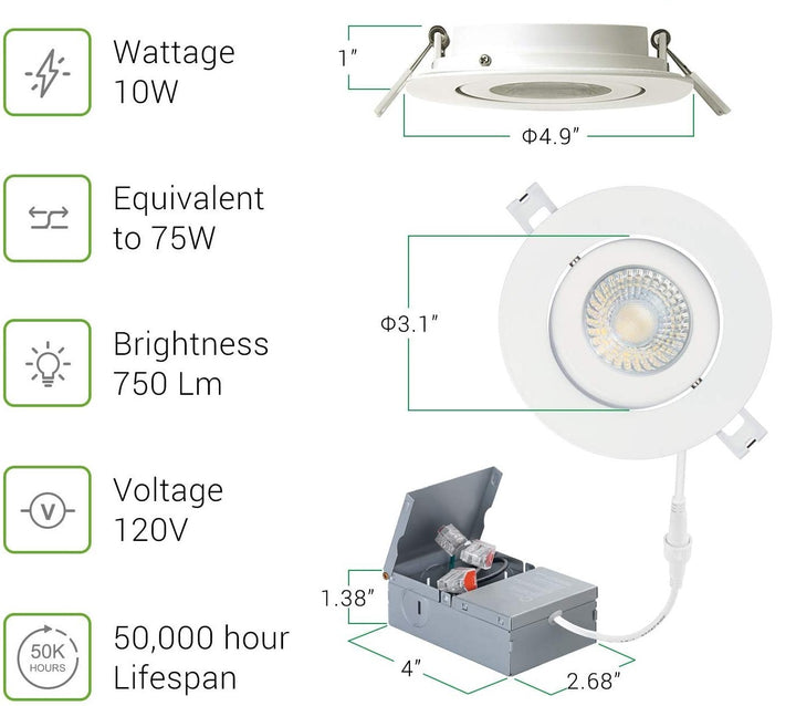 Strak Gimbal White 3-Inch Integrated Panel 7W, 560Lm 3000k Warm White, Dimmable, Led Recessed Light Kit in White with Junction Box